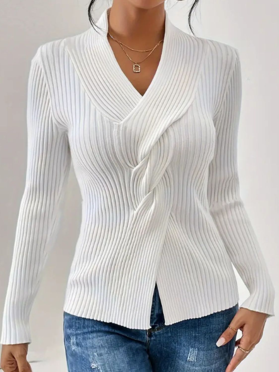 Twist Front Ribbed Long Sleeve Sweater