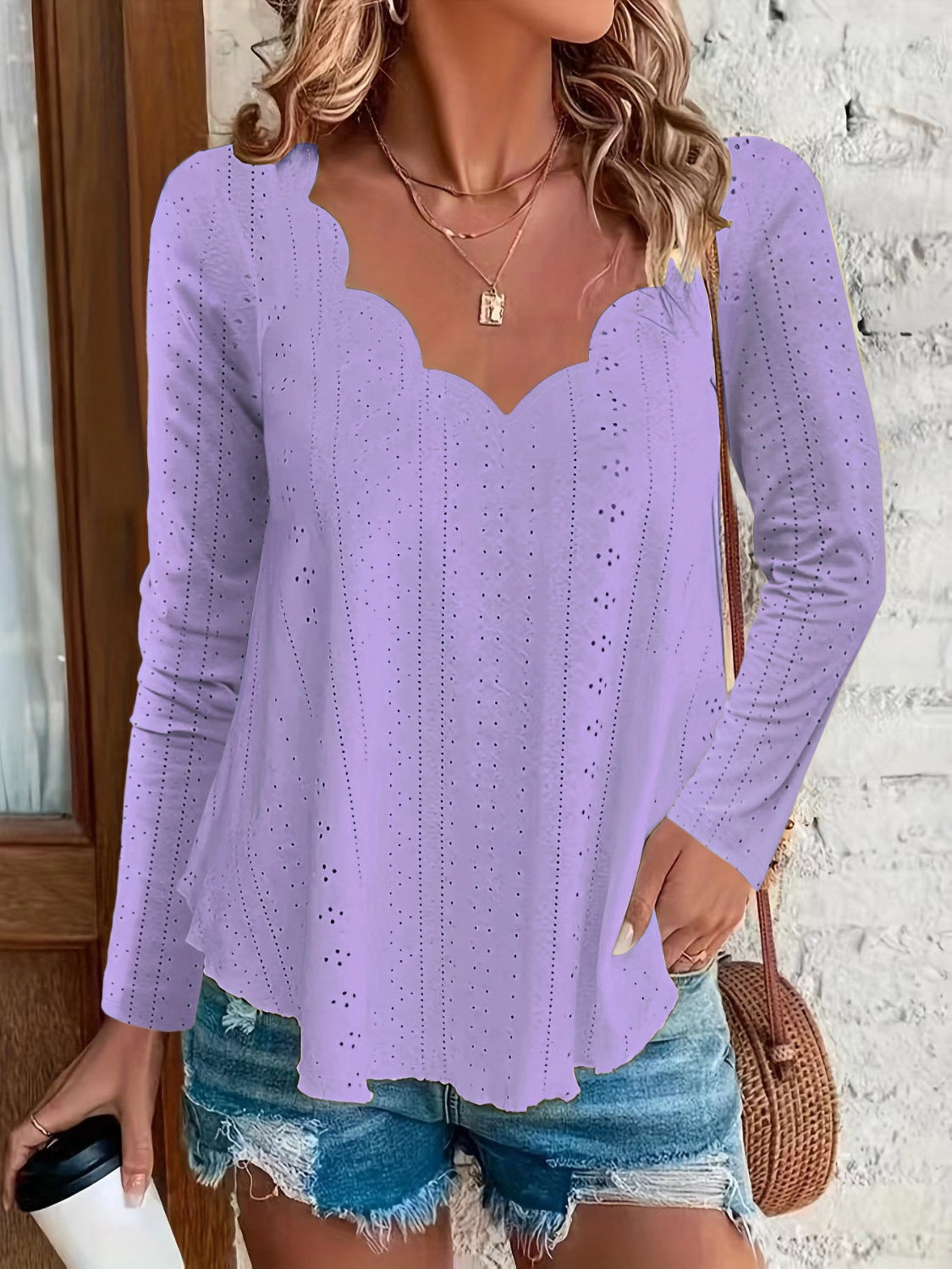 Eyelet Long Sleeve Blouse  Trendsi Lavender S 