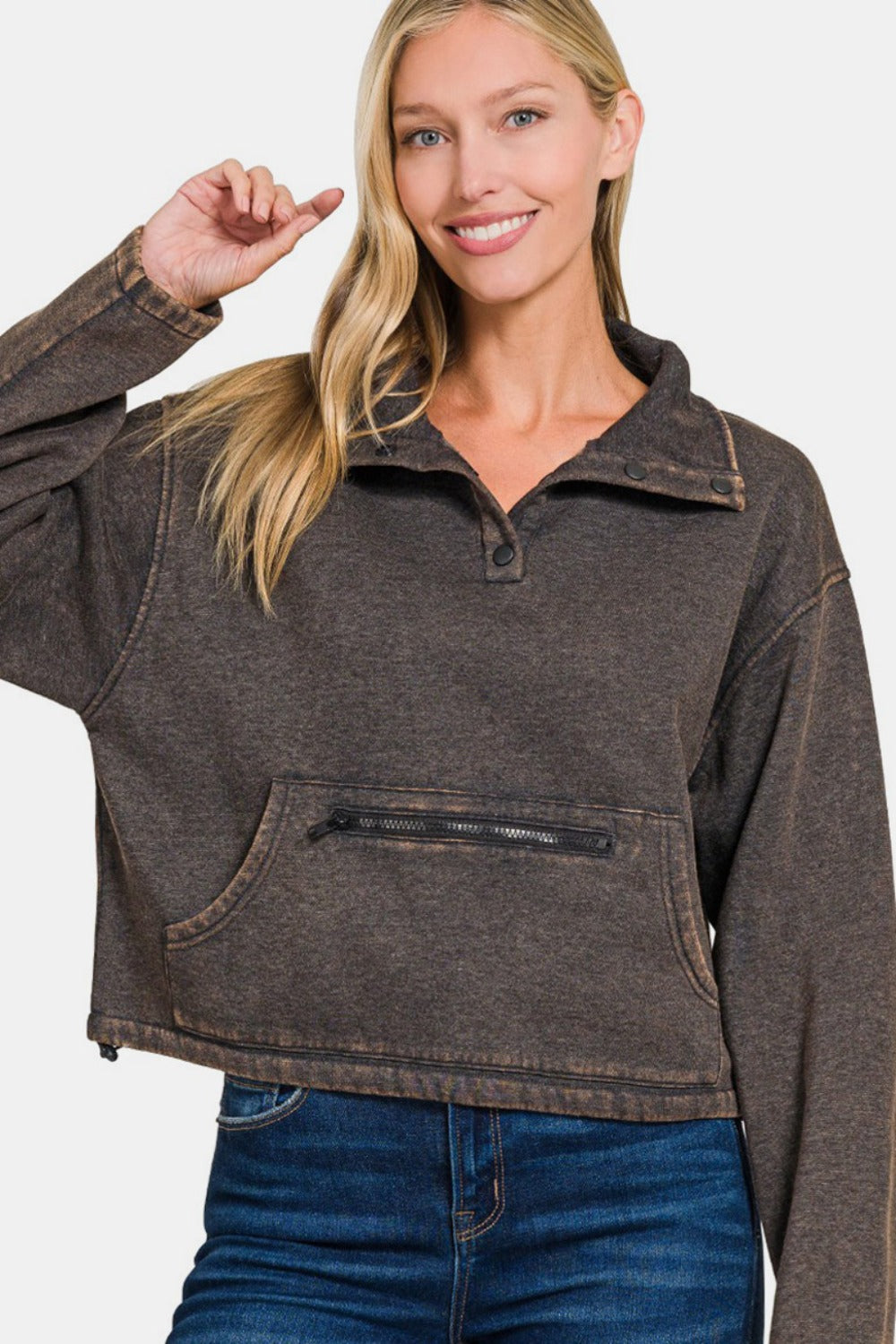 Zenana Acid Wash Fleece Half Snap Sweatshirt with Pocket  Trendsi   