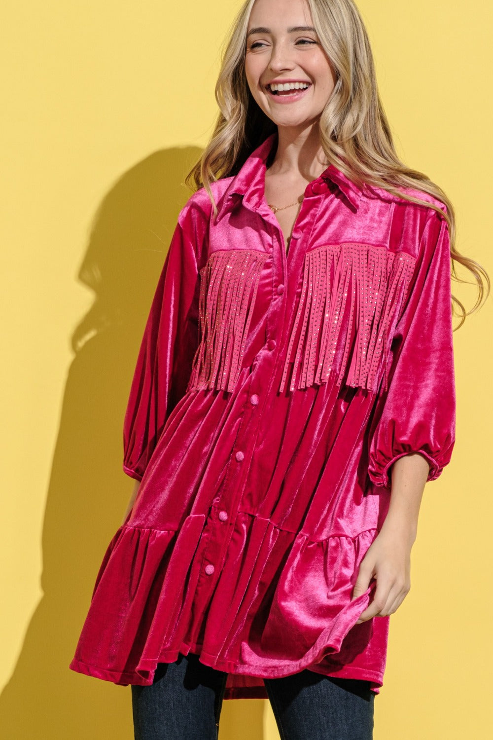 And The Why Fringe Detailed Velvet Shirt Dress Luxe Trendsi Magenta S 