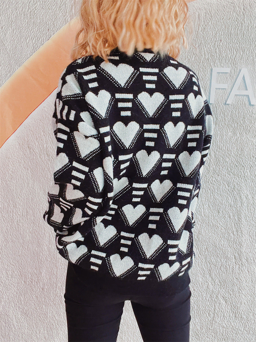 Heart Contrast Long Sleeve Dropped Shoulder Sweater  Trendsi   