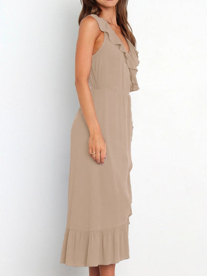 Ruffled Surplice Sleeveless Midi Dress