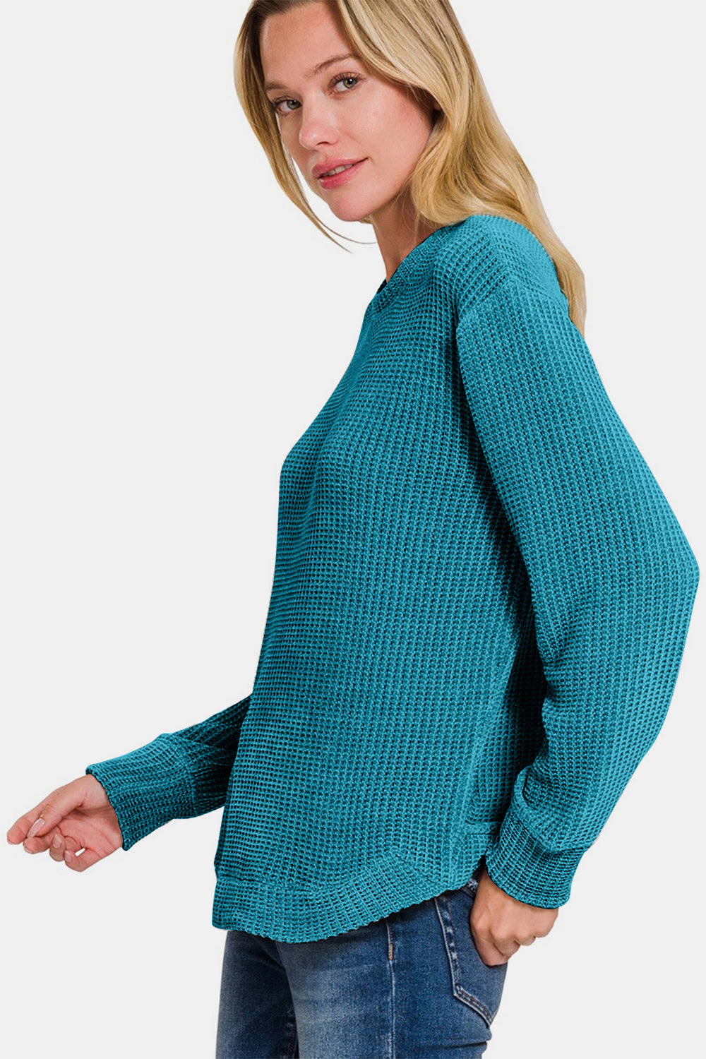 Zenana Chenille Waffle Round Neck Sweater  Trendsi   