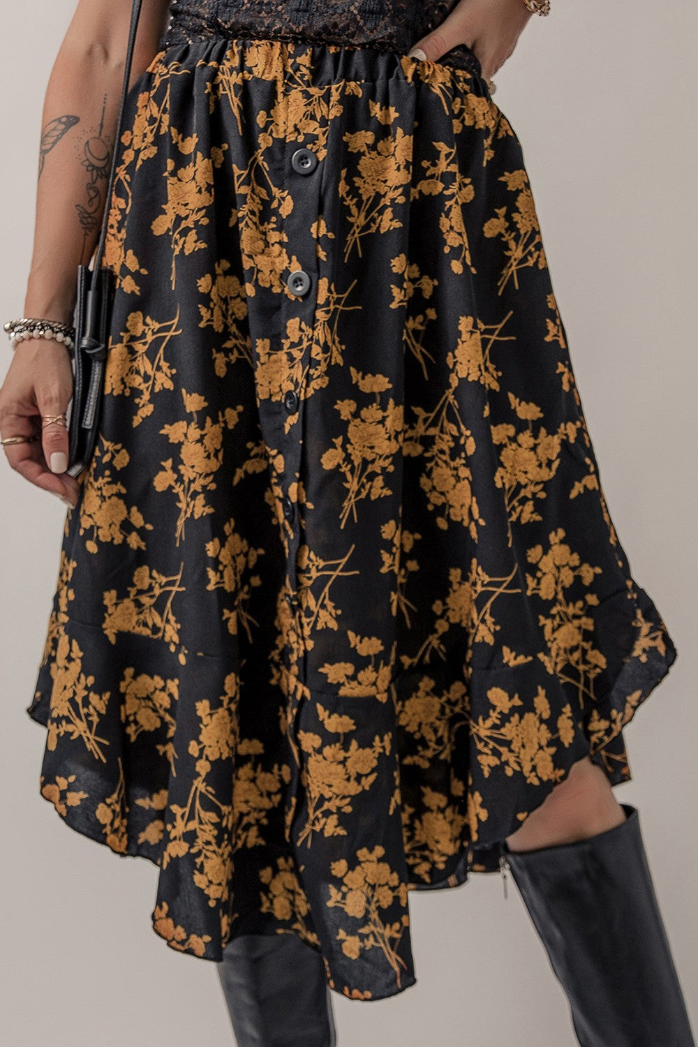 Floral Buttoned Ruffle Hem Skirt  Trendsi   