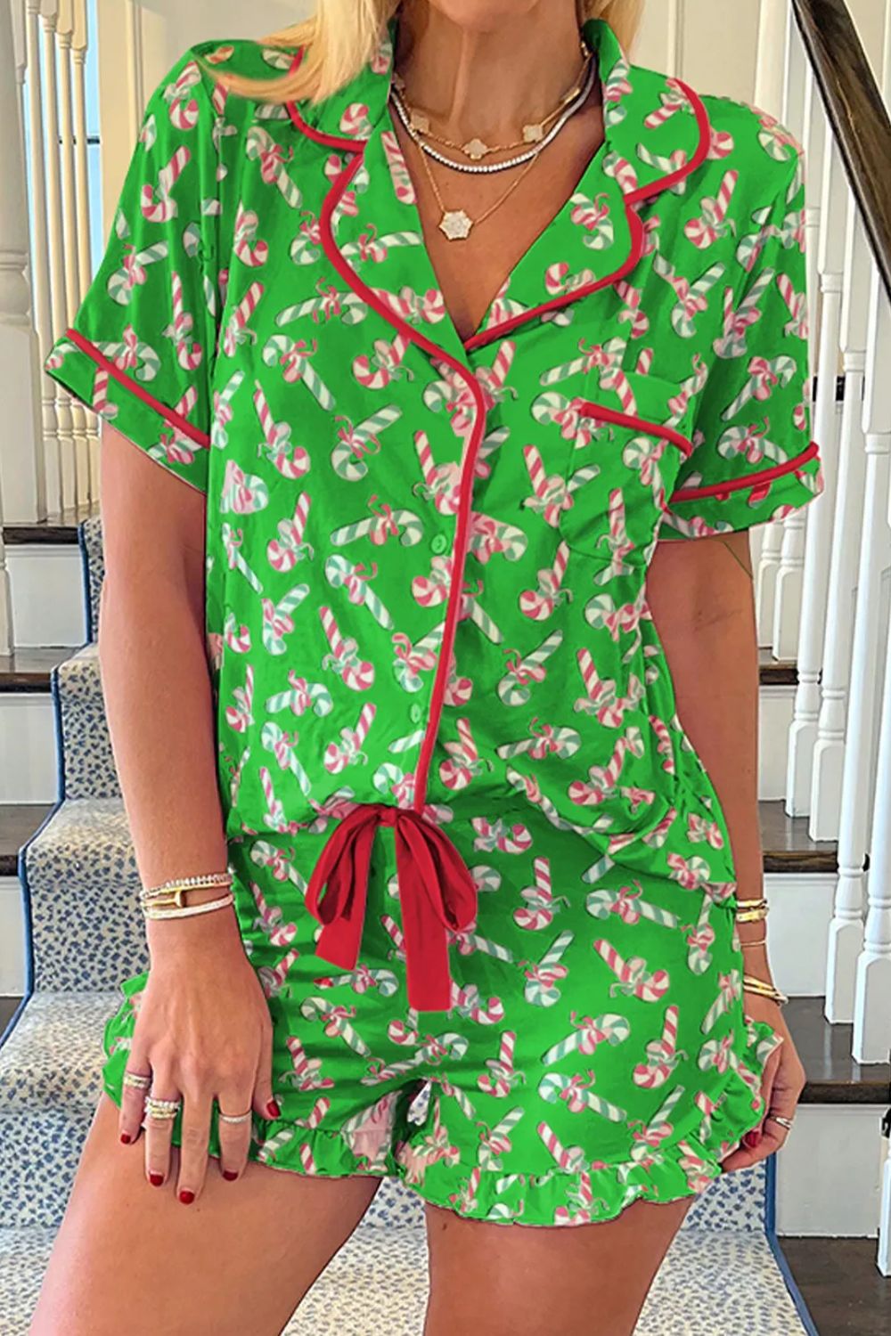 Candy Cane Collared Neck Top and Shorts Lounge Set  Trendsi Green 2XL 