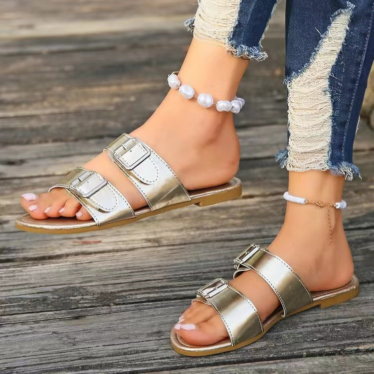 Open Toe Double Buckle Sandals  Trendsi Gold 36(US5) 