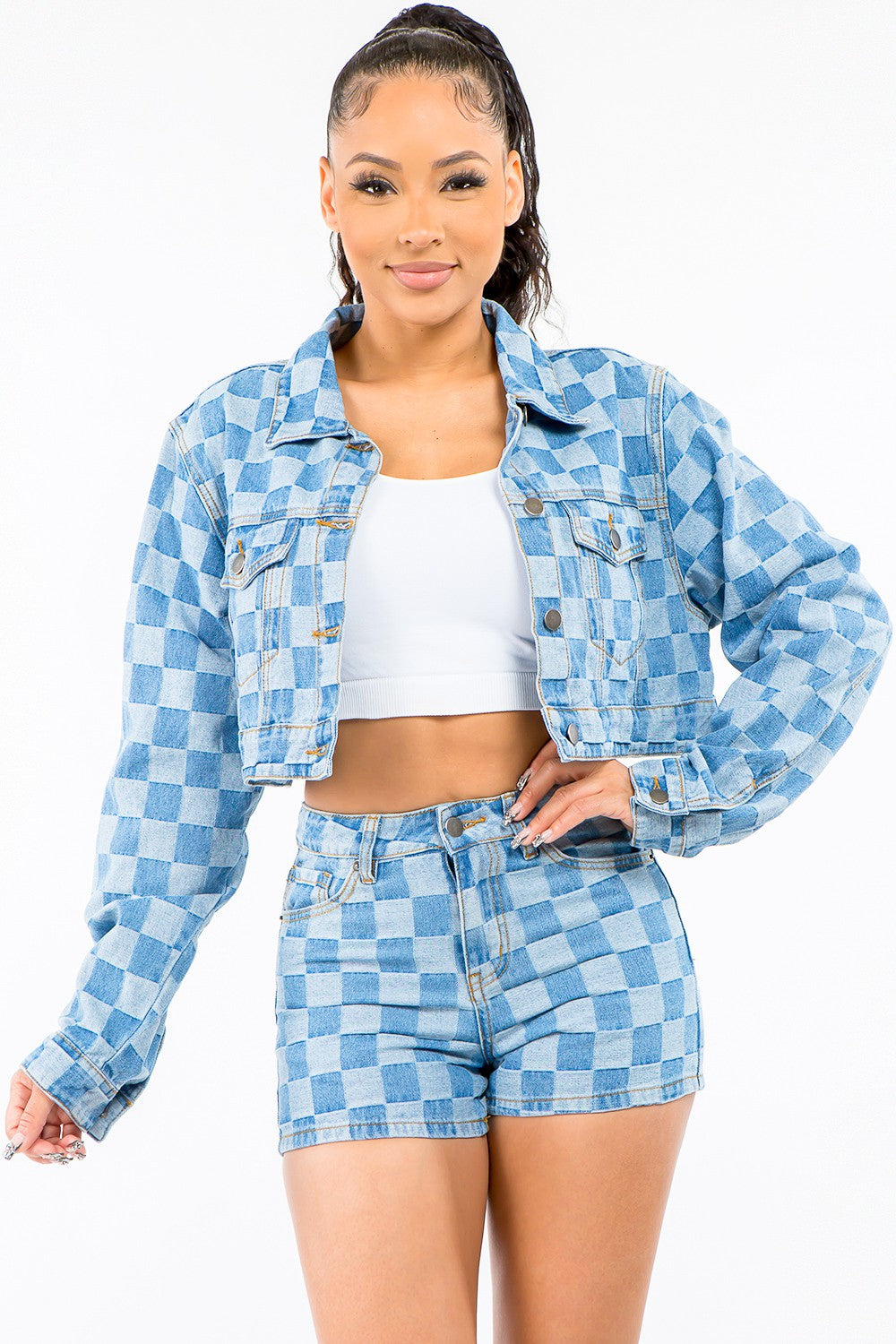 American Bazi Checkered Long Sleeve Cropped Denim Jacket  Trendsi Blue S 