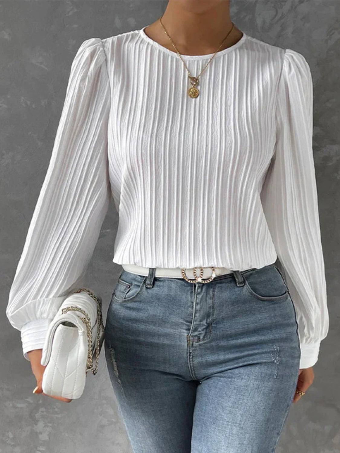 Round Neck Long Sleeve Blouse  Trendsi White S 