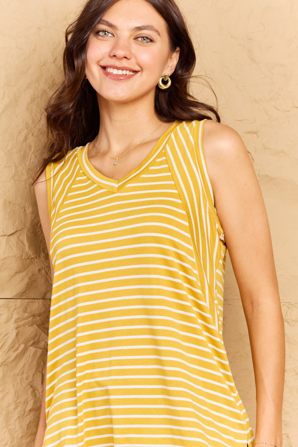 Doublju Talk To Me Full Size Striped Sleeveless V-Neck Top  Trendsi   