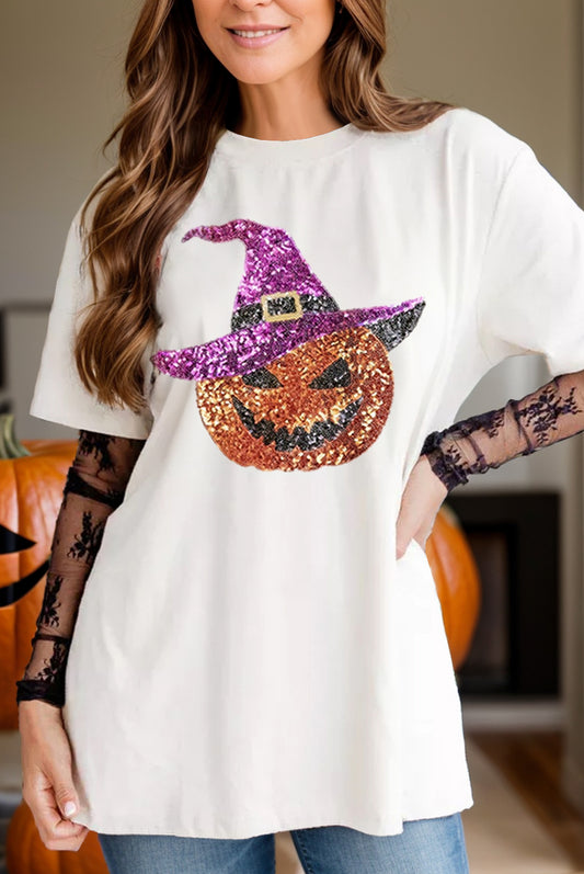 Sequin Pumpkin Round Neck Short Sleeve T-Shirt T-Shirt Trendsi White S 