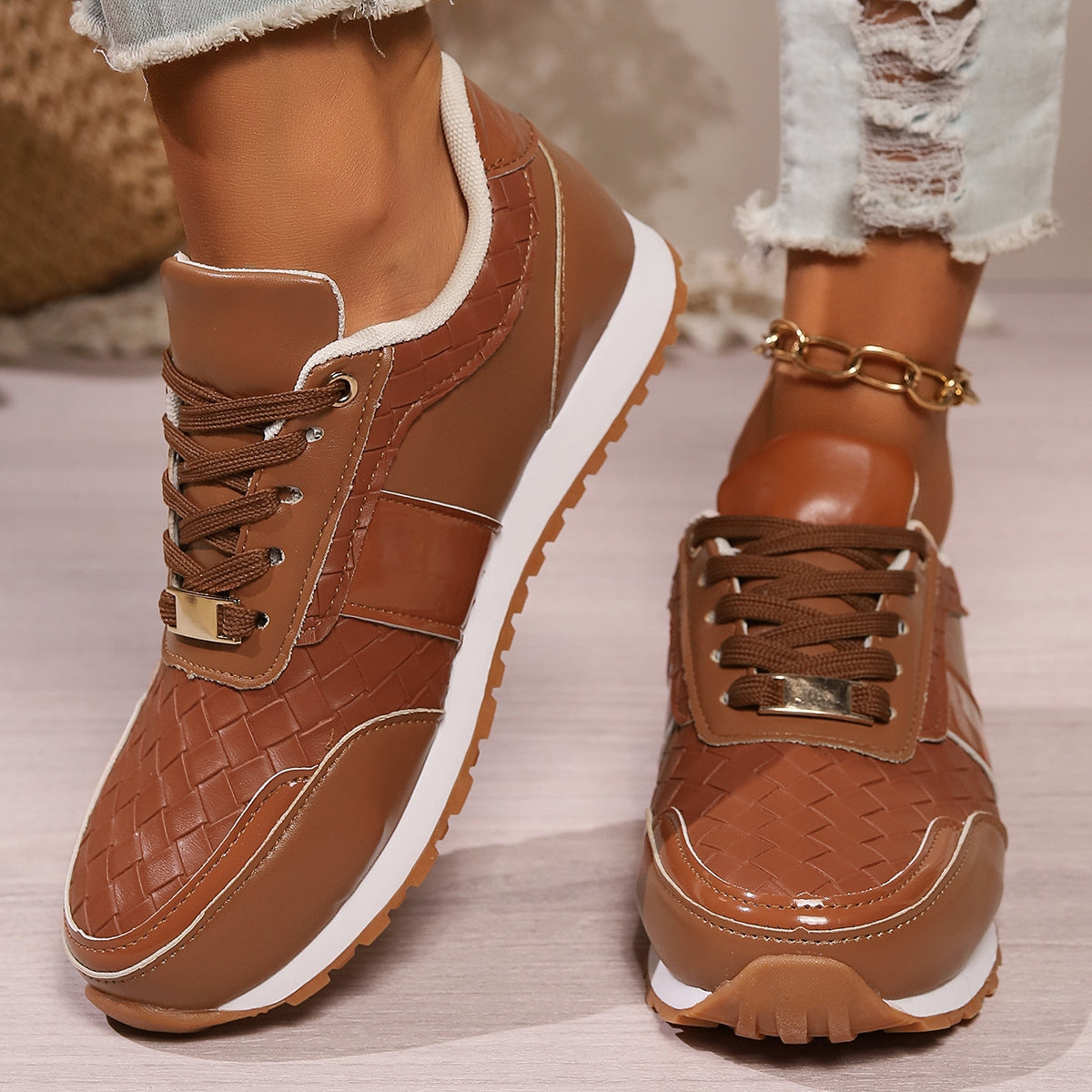 Lace-Up PU Leather Sneakers  Trendsi Caramel 36(US5) 