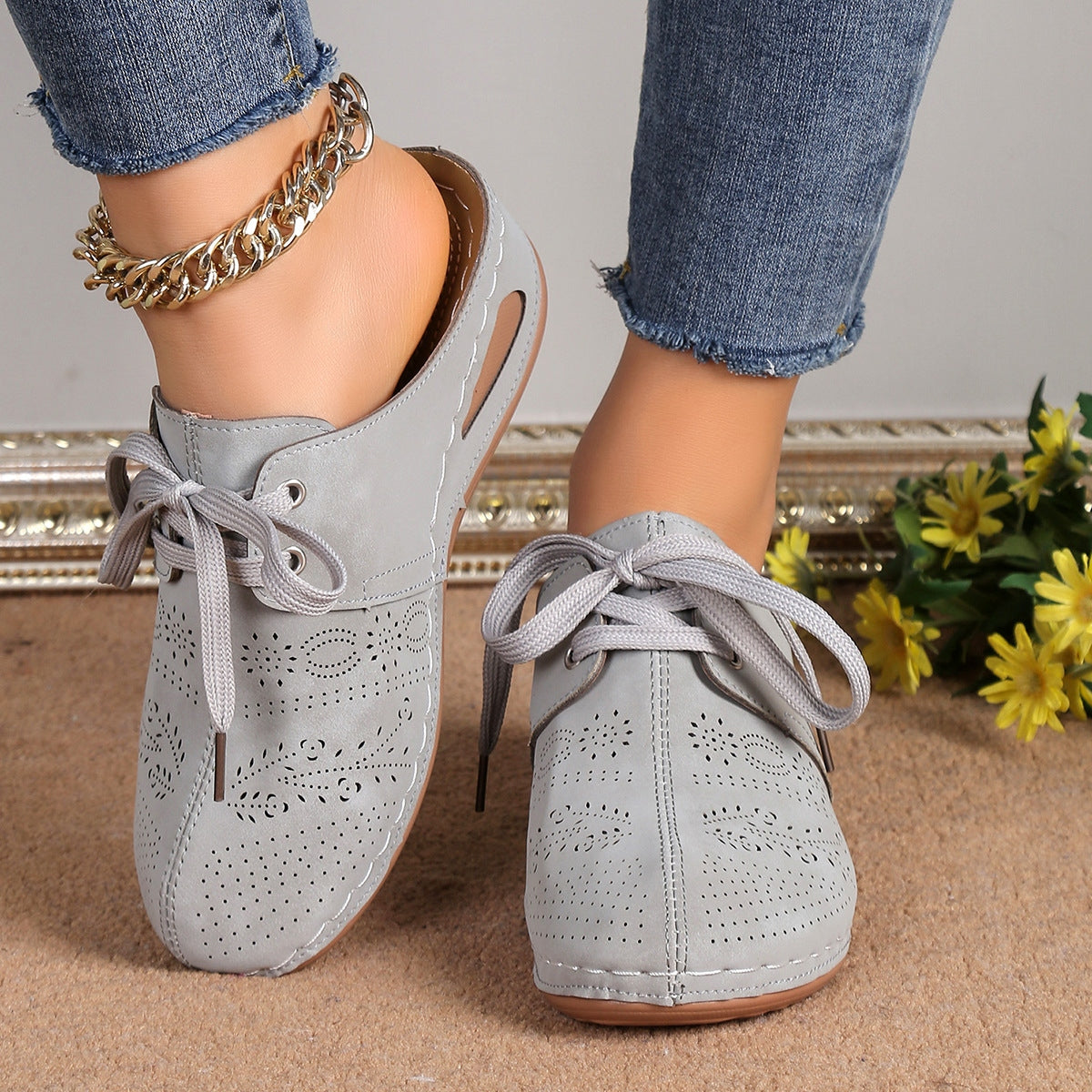 Lace-Up Round Toe Wedge Sandals  Trendsi Gray 36(US5) 