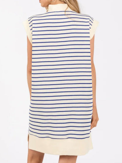 Full Size Pocketed Striped Quarter Zip Cap Sleeve Dress