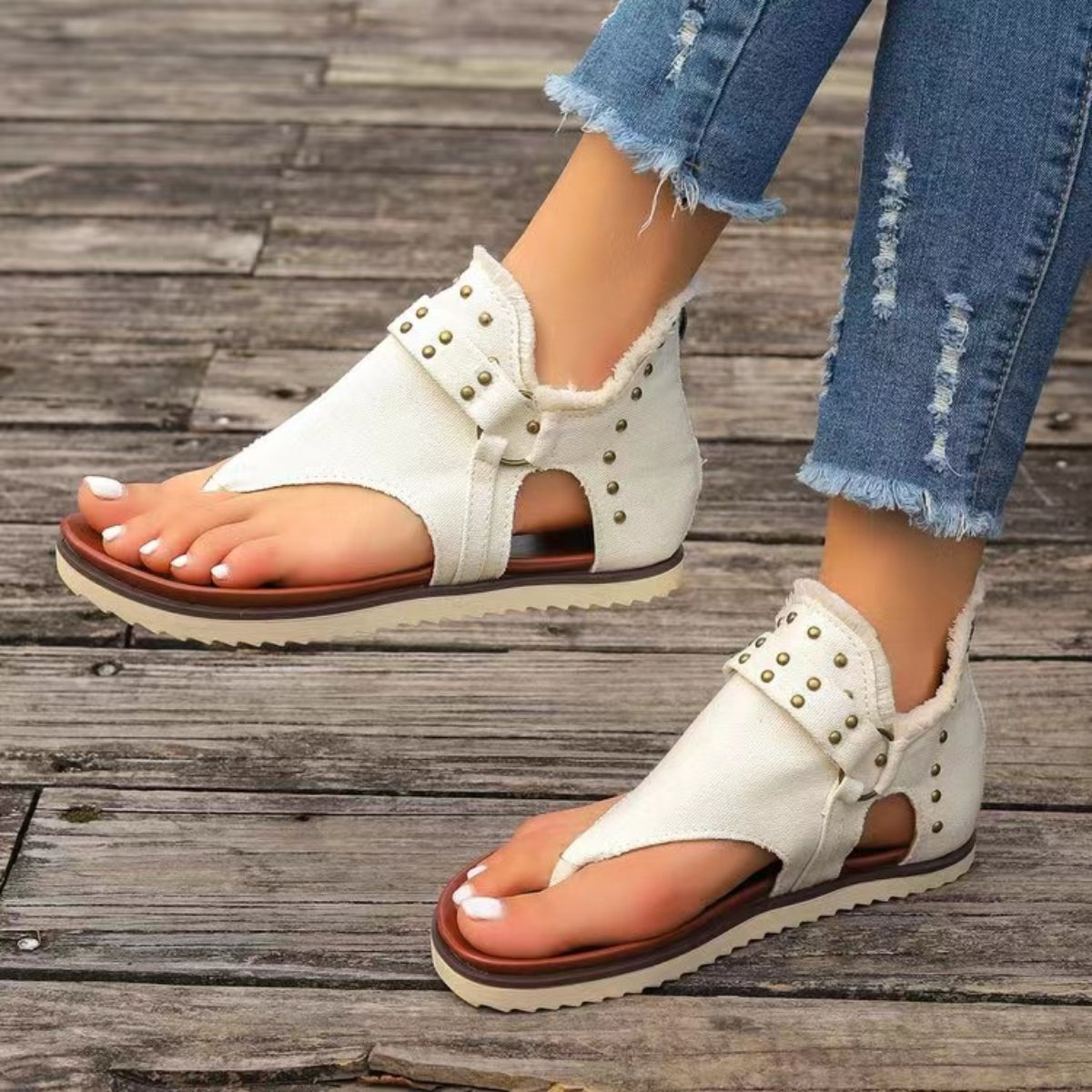 Studded Raw Hem Flat Sandals  Trendsi   