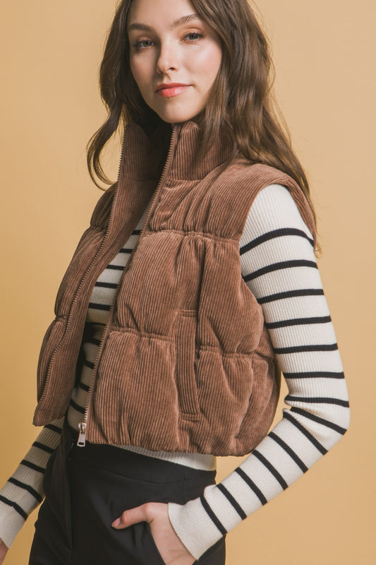 Love Tree Corduroy Zip Up Puffer Vest with Pockets  Trendsi Cocoa S 