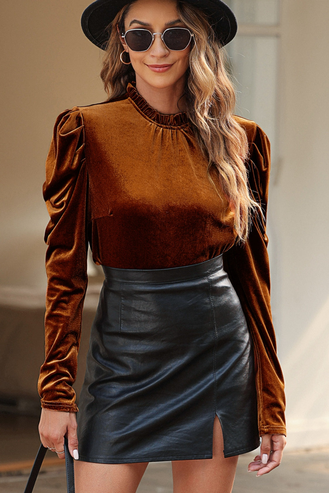 Round Neck Puff Sleeve Velvet Blouse Blouse Trendsi   