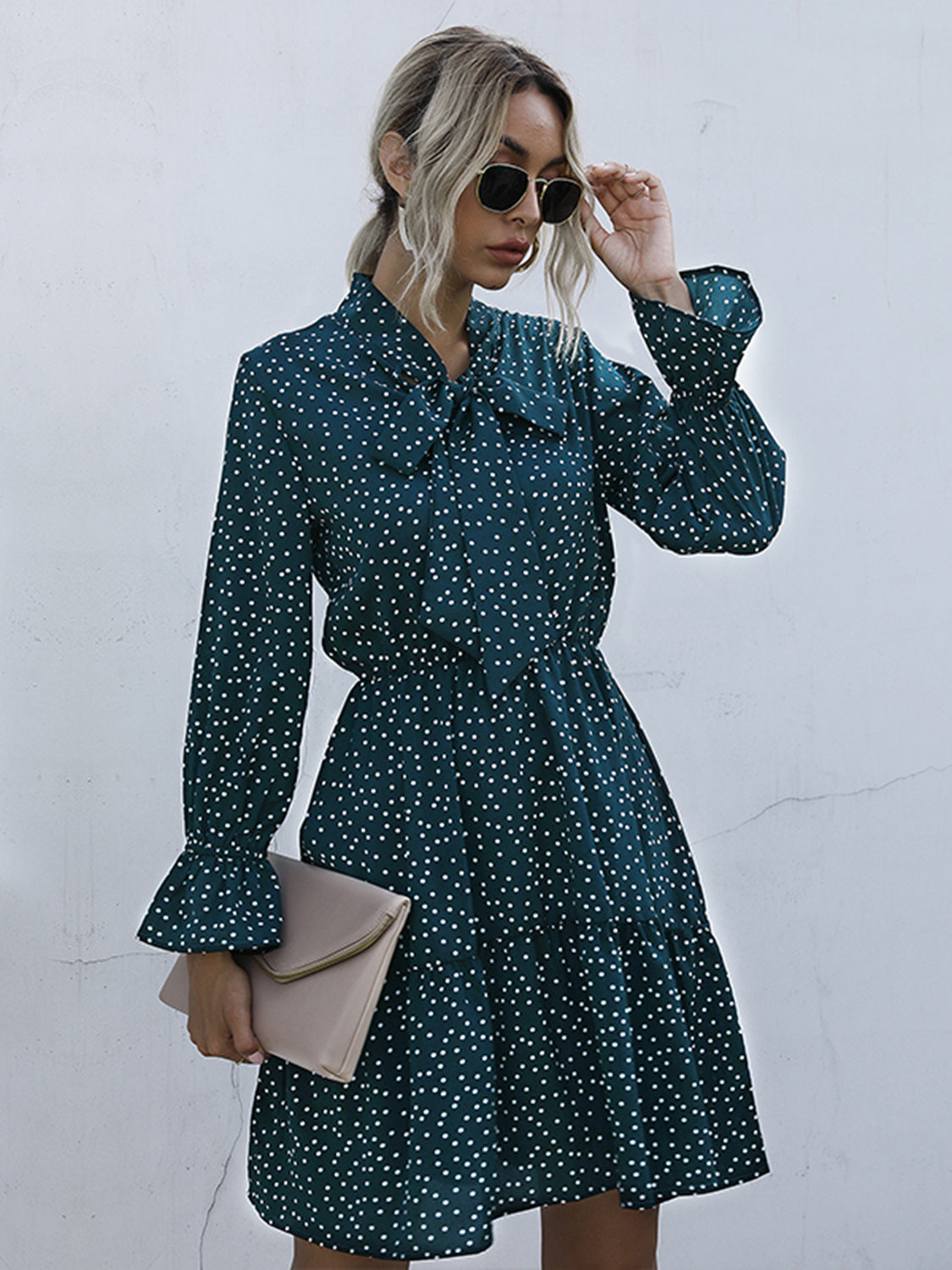 Perfee Polka Dot Tie Neck Long Sleeve Dress Dress Trendsi   