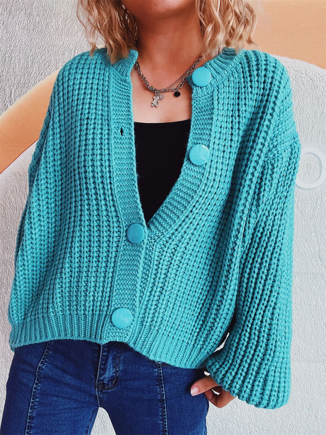 Button Up Long Sleeve Cardigan  Trendsi Tiffany Blue One Size 