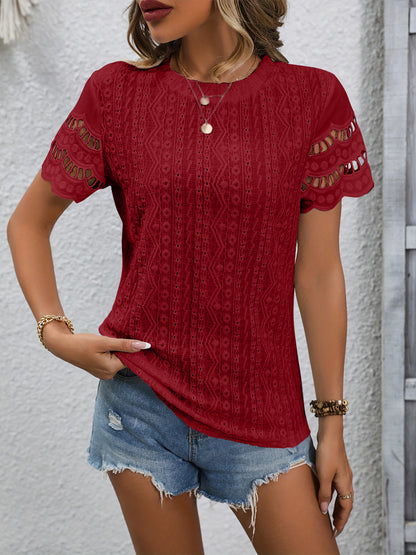 Full Size Eyelet Round Neck Short Sleeve Top Blouse Trendsi Wine S 