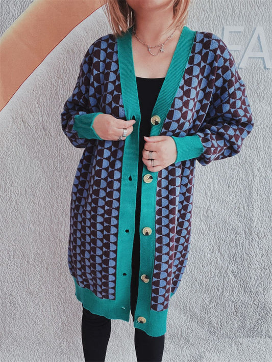 Contrast Trim Geometric Button Down Cardigan  Trendsi Turquoise One Size 