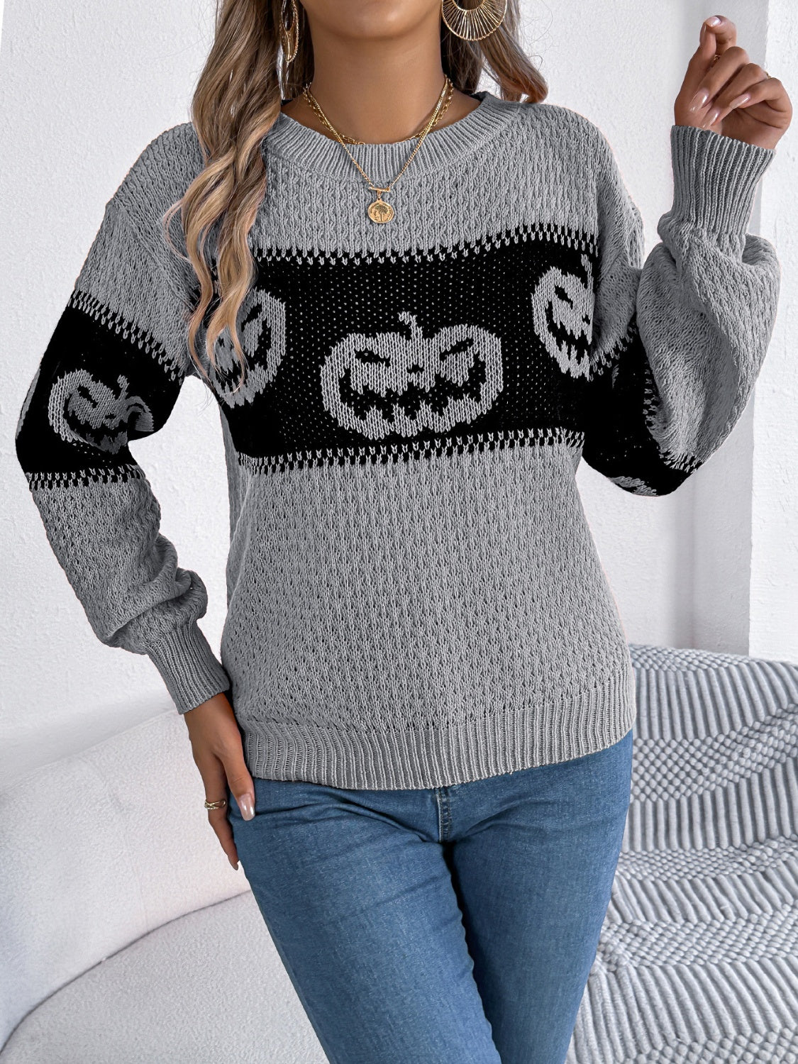 Pumpkin Round Neck Long Sleeve Sweater  Trendsi   