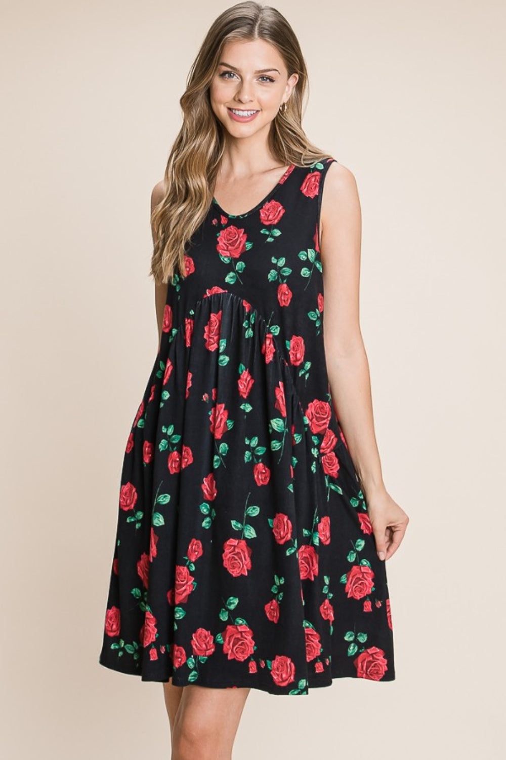 BOMBOM Floral Ruched Tank Dress  Trendsi Black S 