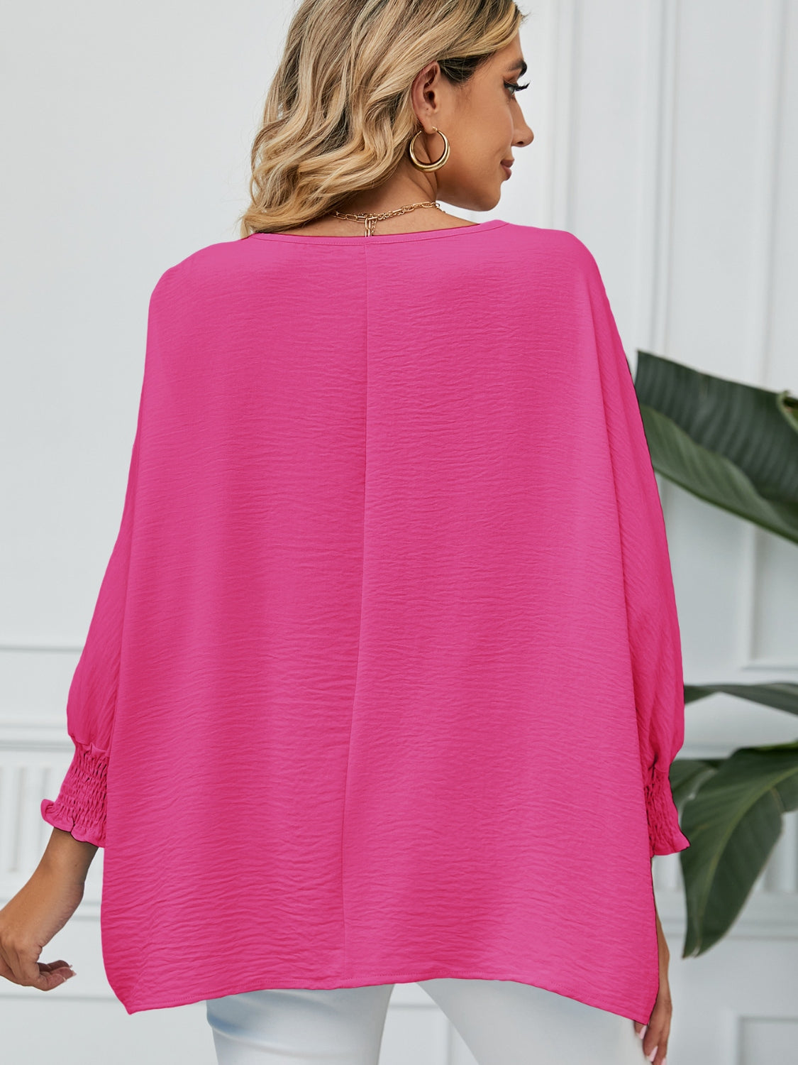 Smocked Lantern Sleeve Round Neck Blouse Blouse Trendsi   