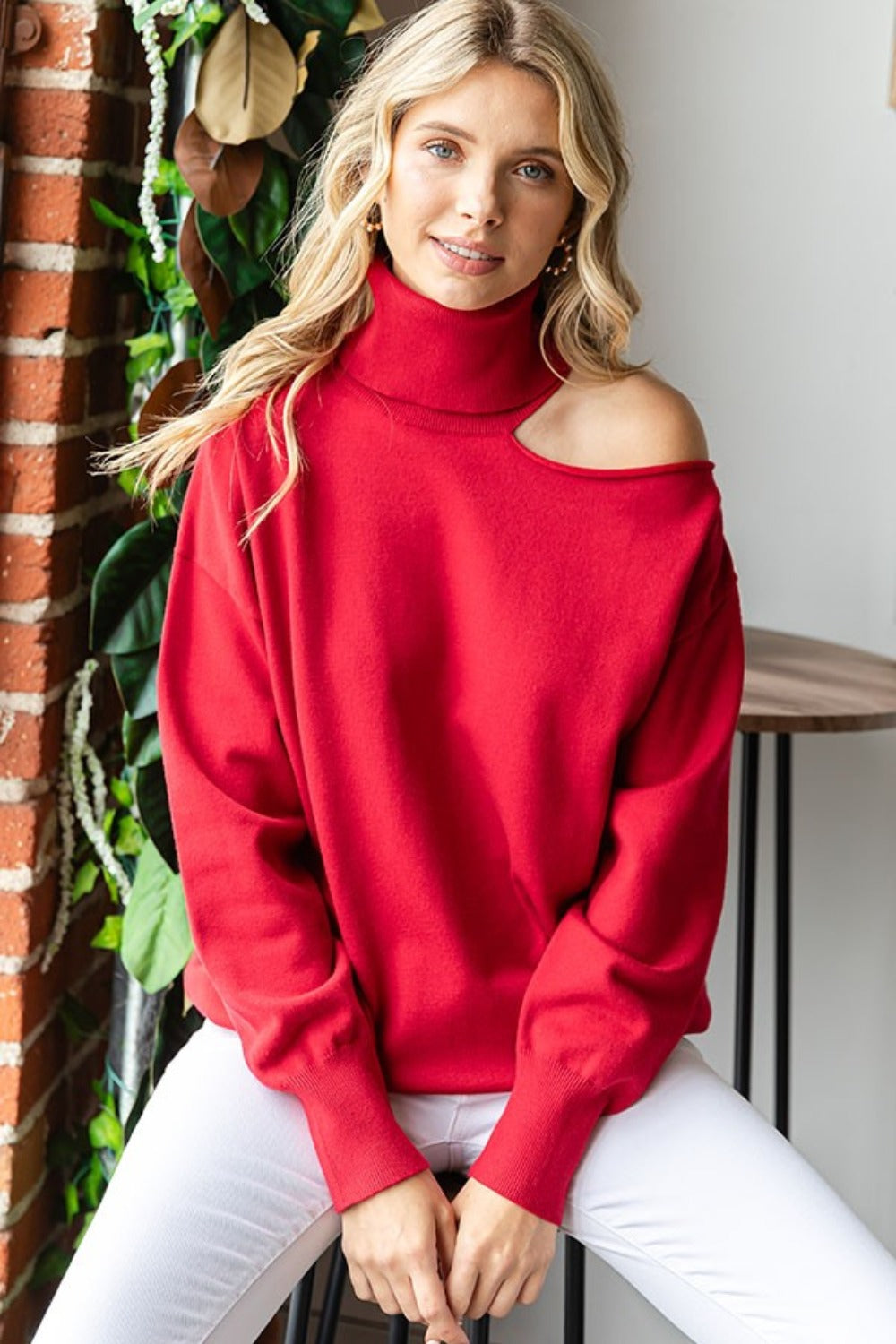 First Love Cut Out Shoulder Turtleneck Sweater Luxe Trendsi Red S 