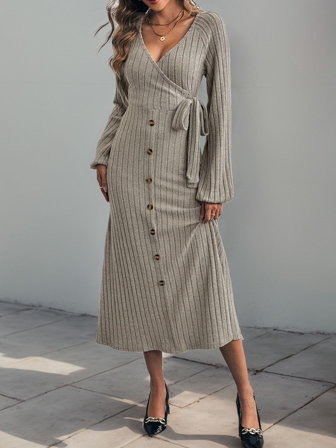 Perfee Ribbed Tied Surplice Long Sleeve Dress  Trendsi Gray S 