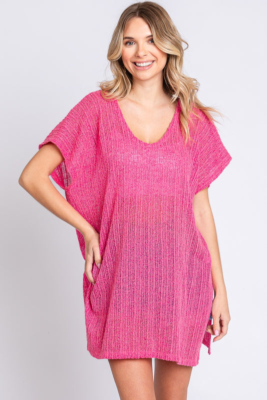 GeeGee Short Sleeve Side Slit Knit Cover Up Dress  Trendsi HOT PINK S 