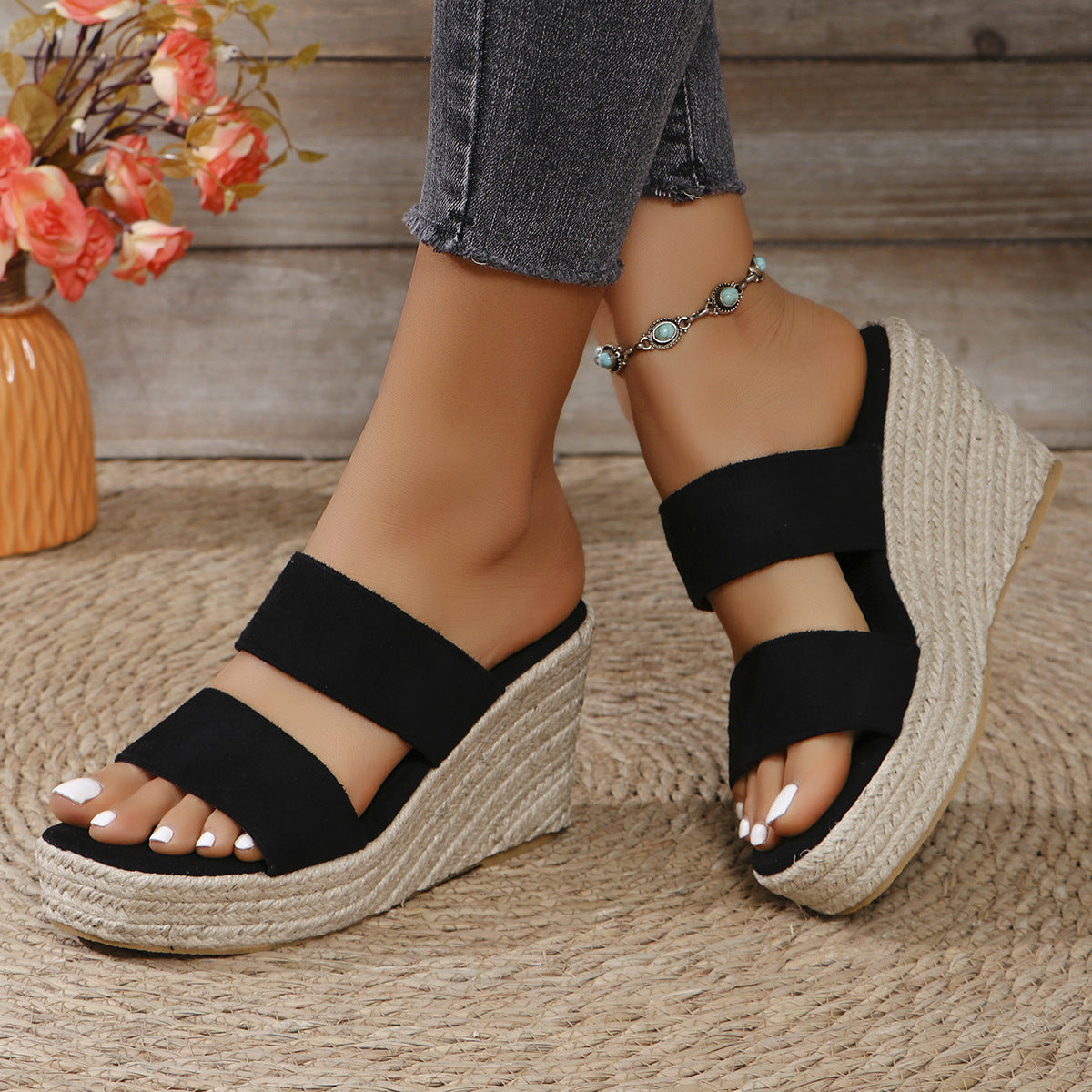 Open Toe Platform Wedge Sandals  Trendsi Black 36(US5) 