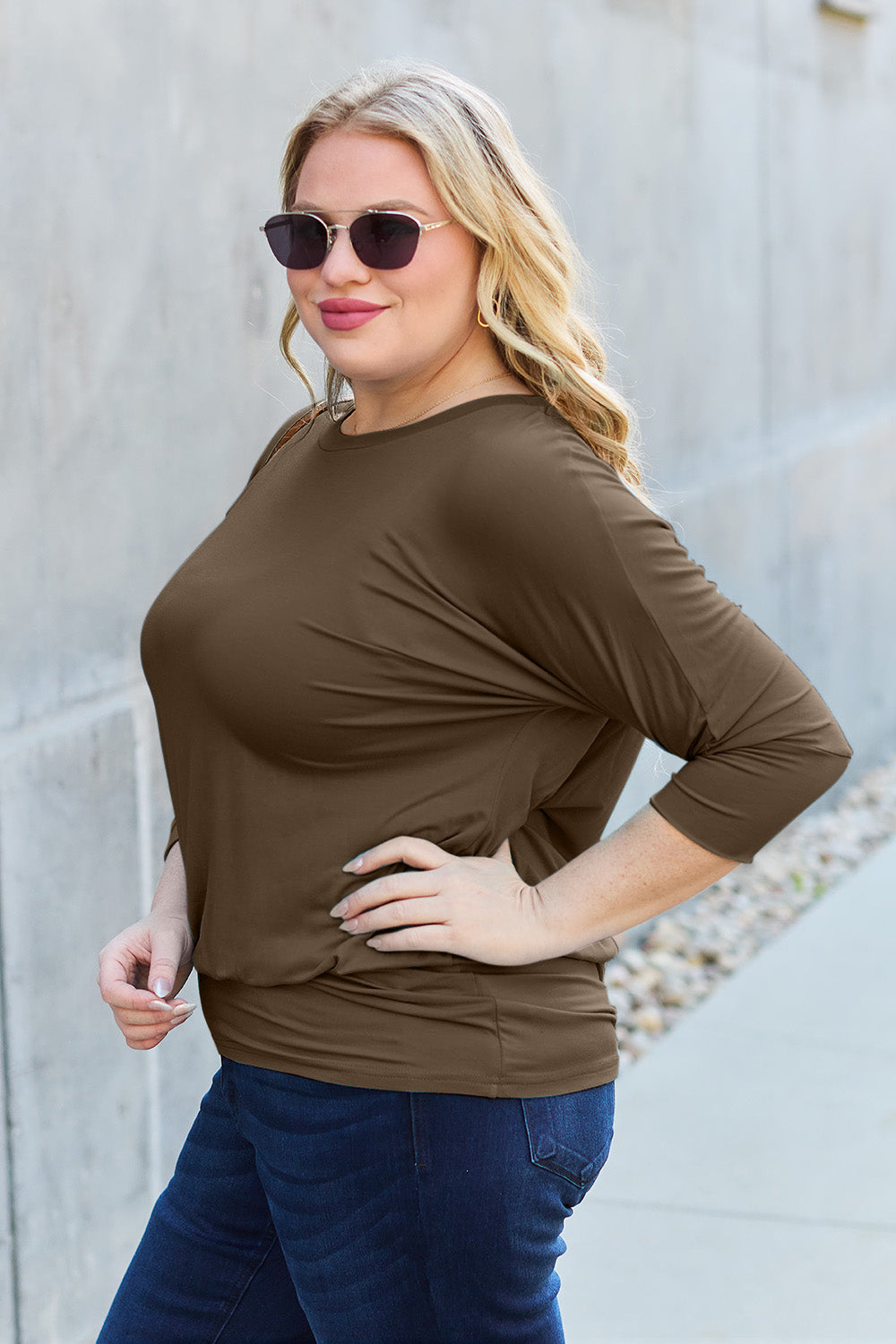 Basic Bae Full Size Round Neck Batwing Sleeve Top Blouse Trendsi   