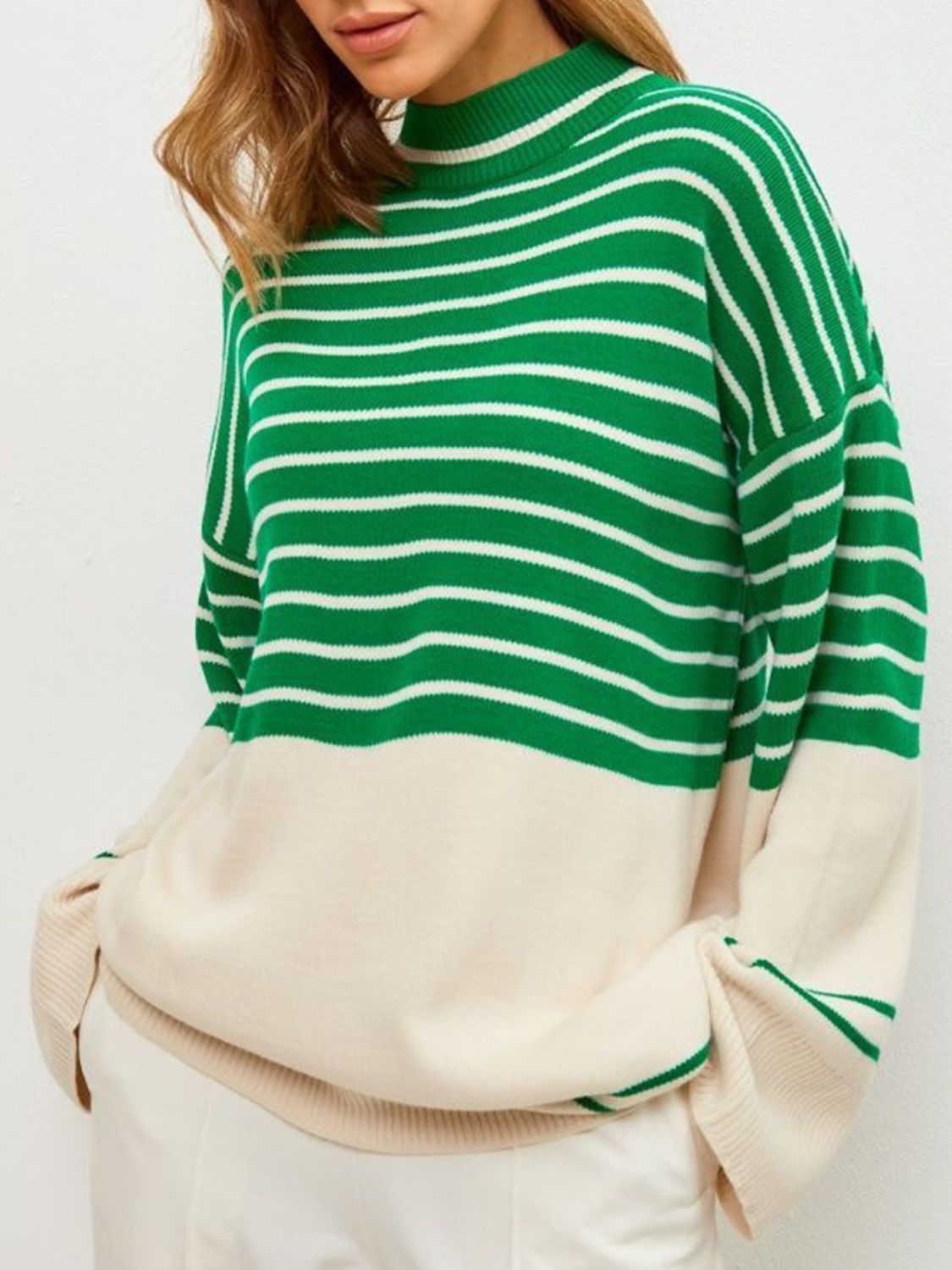 Striped Mock Neck Long Sleeve Sweater  Trendsi   