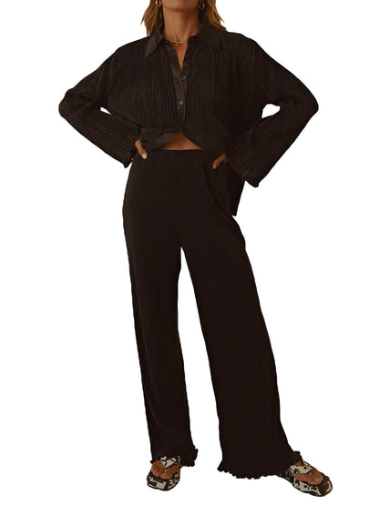 Collared Neck Long Sleeve Top and Pants Lounge Set  Trendsi   