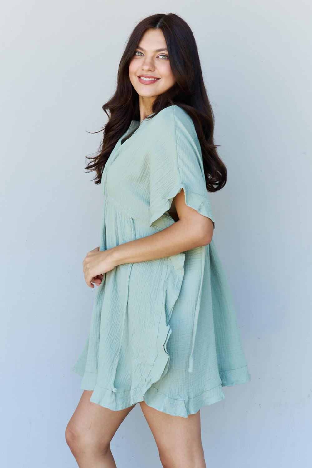 Ninexis Out Of Time Full Size Ruffle Hem Dress with Drawstring Waistband in Light Sage Sale Trendsi   