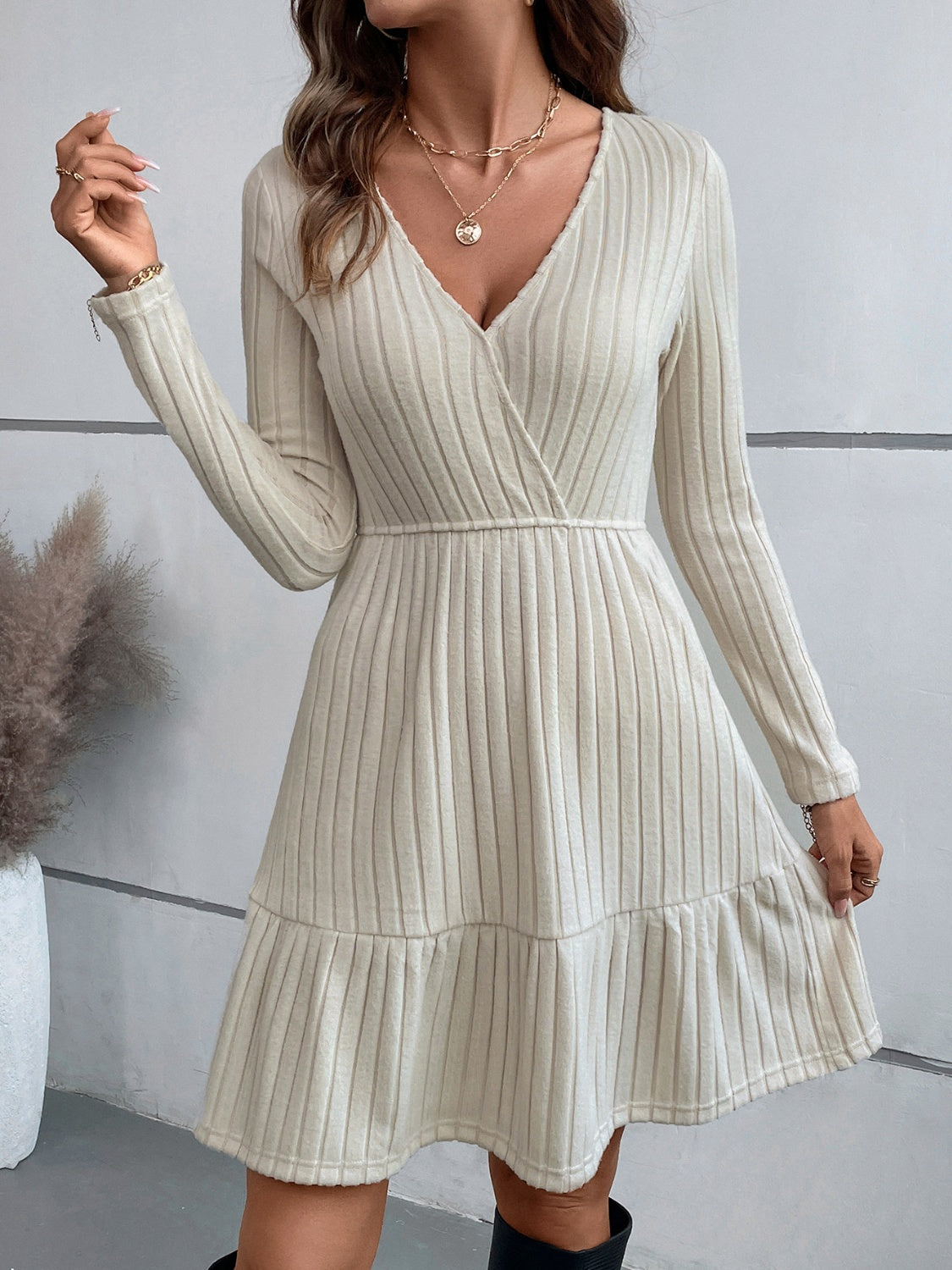 Ruffle Hem Surplice Long Sleeve Dress Dress Trendsi Beige S 