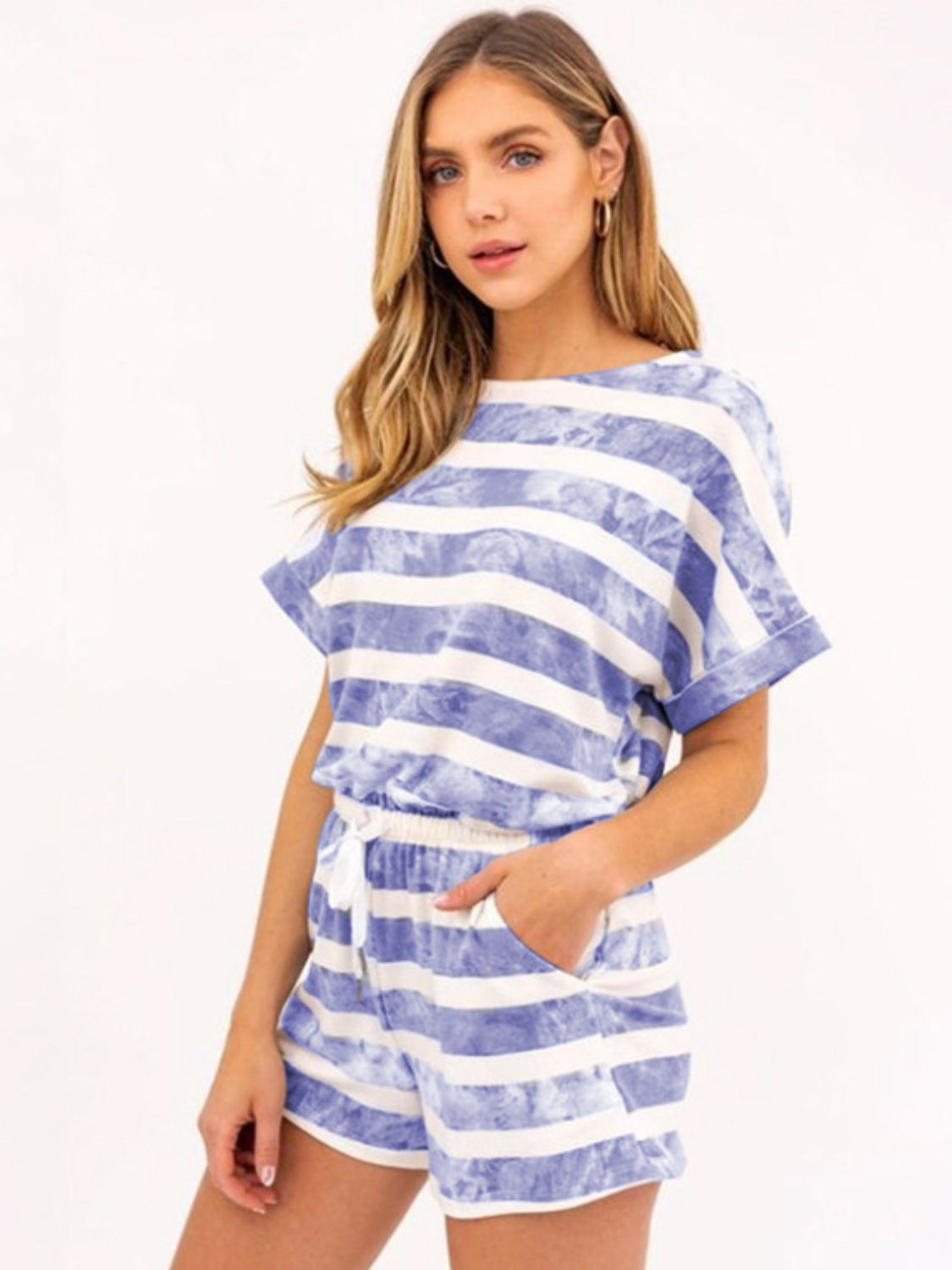 Striped Round Neck Top and Shorts Set  Trendsi Blue Purple S 