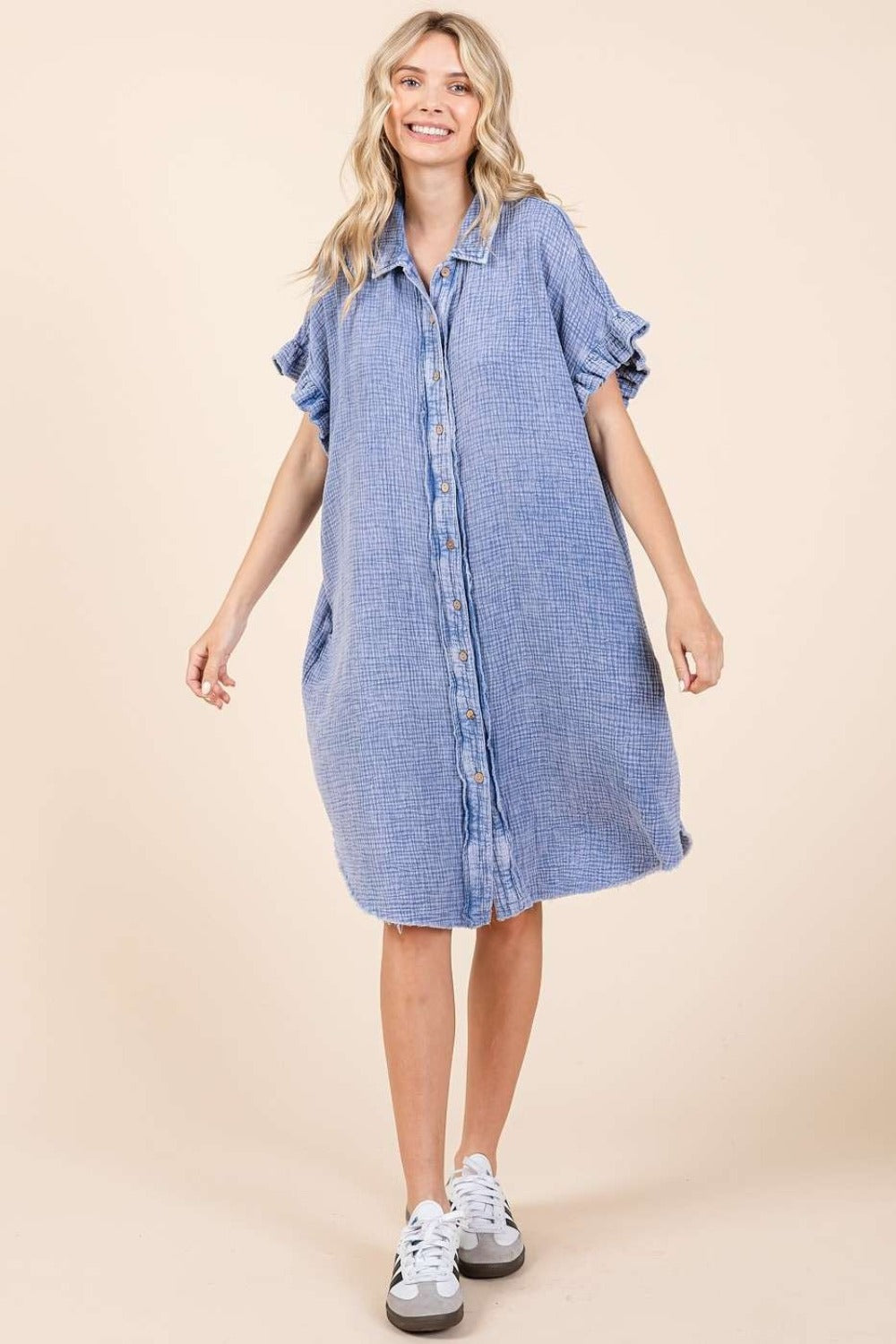 Mittoshop Mineral Wash Cotton Gauze Mini Shirt Dress  Trendsi   