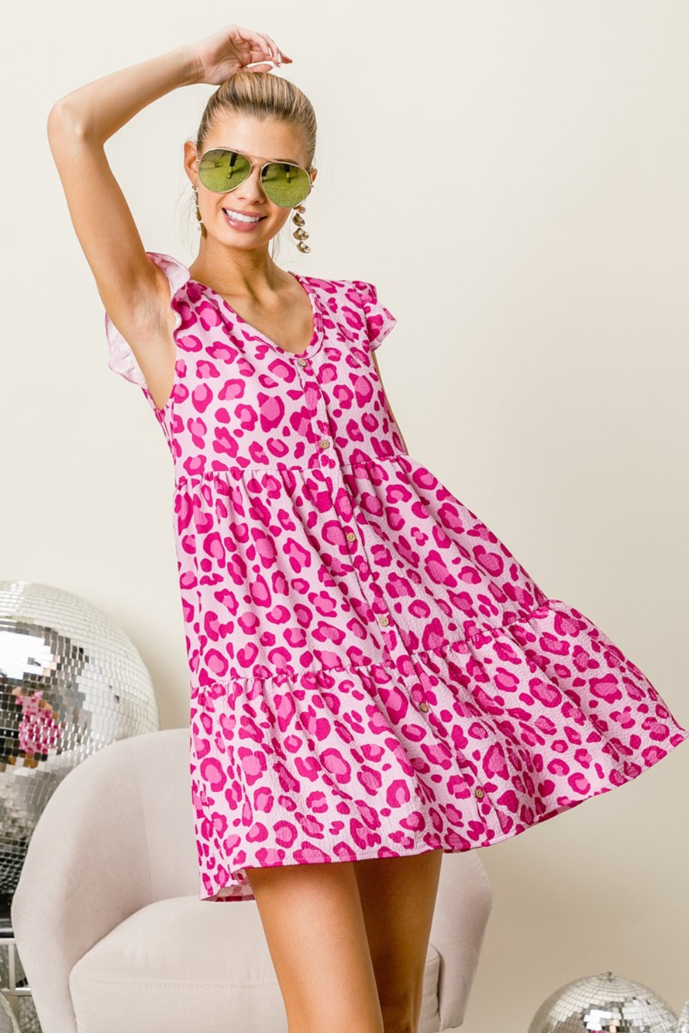 BiBi Leopard Cap Sleeve Tiered Mini Dress  Trendsi   