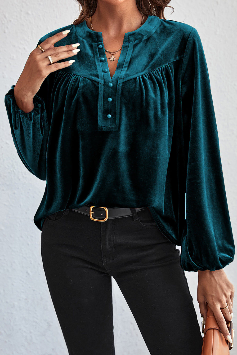 Ruched Decorative Button Notched Blouse Blouse Trendsi Deep Teal S 