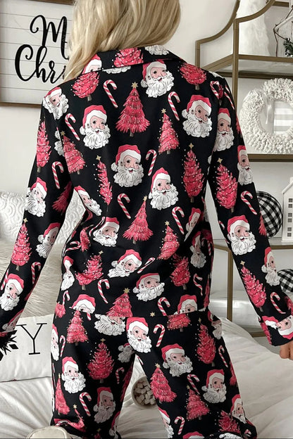 Christmas Printed Collared Neck Top and Pants Lounge Set  Trendsi   