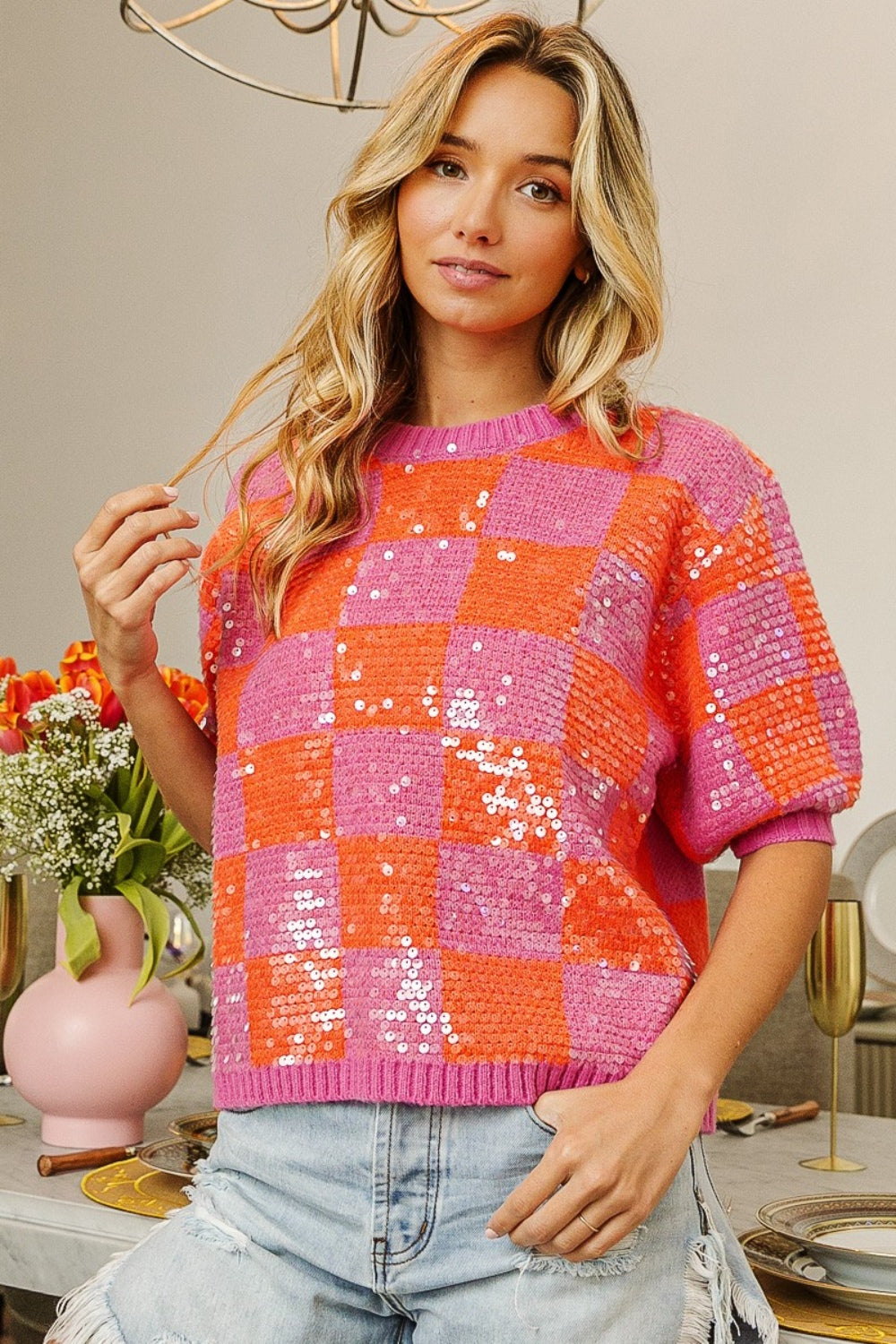 BiBi Checkered Short Sleeve Sequin Sweater  Trendsi   