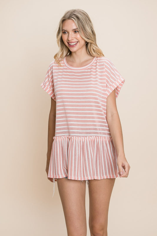 Cotton Bleu by Nu Label Striped Ruffled Short Sleeve Top  Trendsi Coral S 