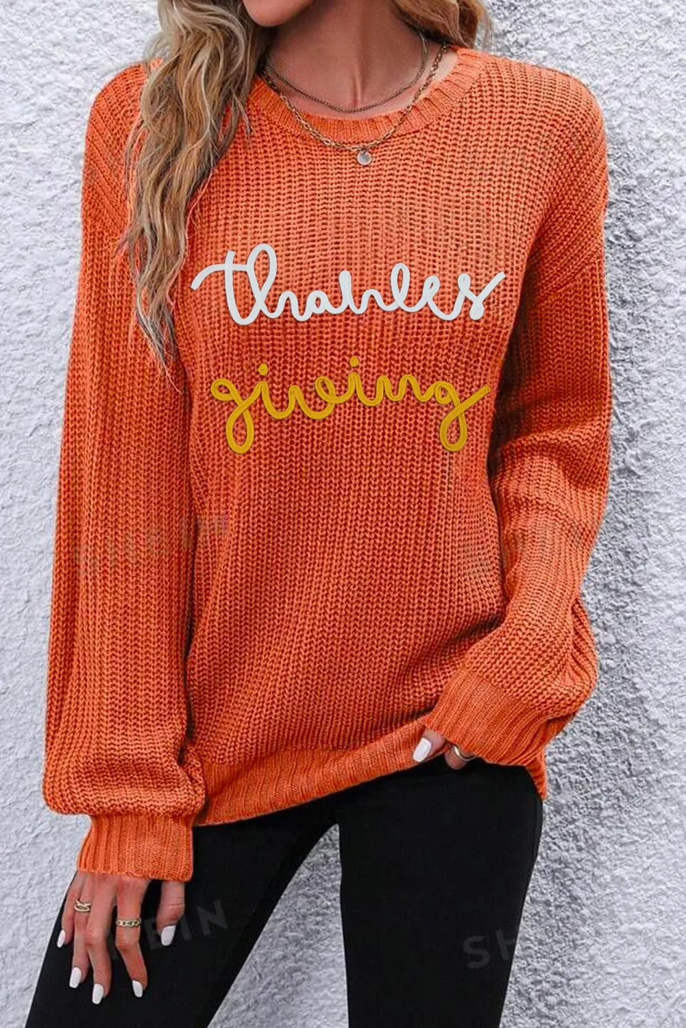 THANKSGIVING Round Neck Long Sleeve Sweater  Trendsi Orange S 