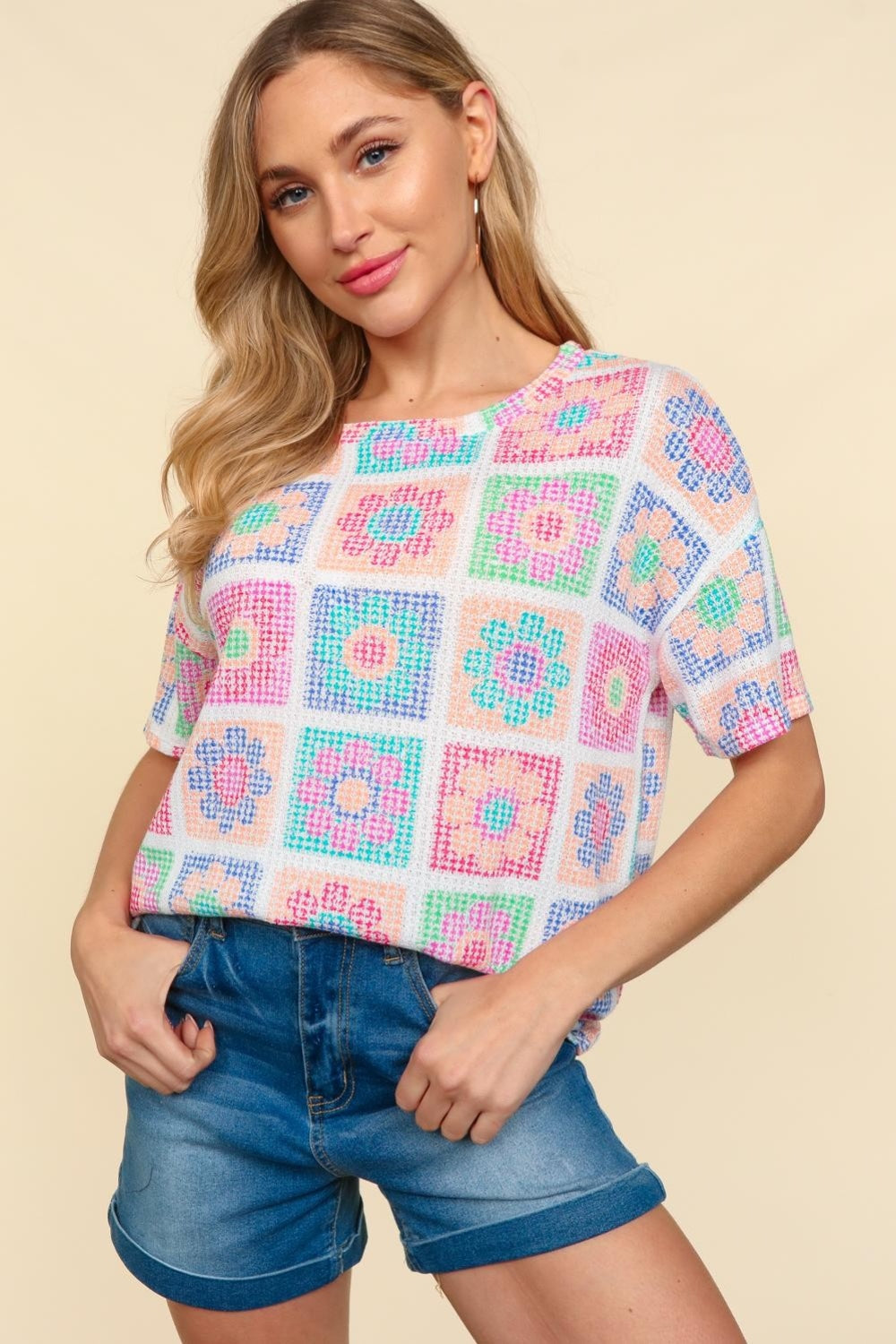 Haptics Flower Print Round Neck Short Sleeve T-Shirt  Trendsi   