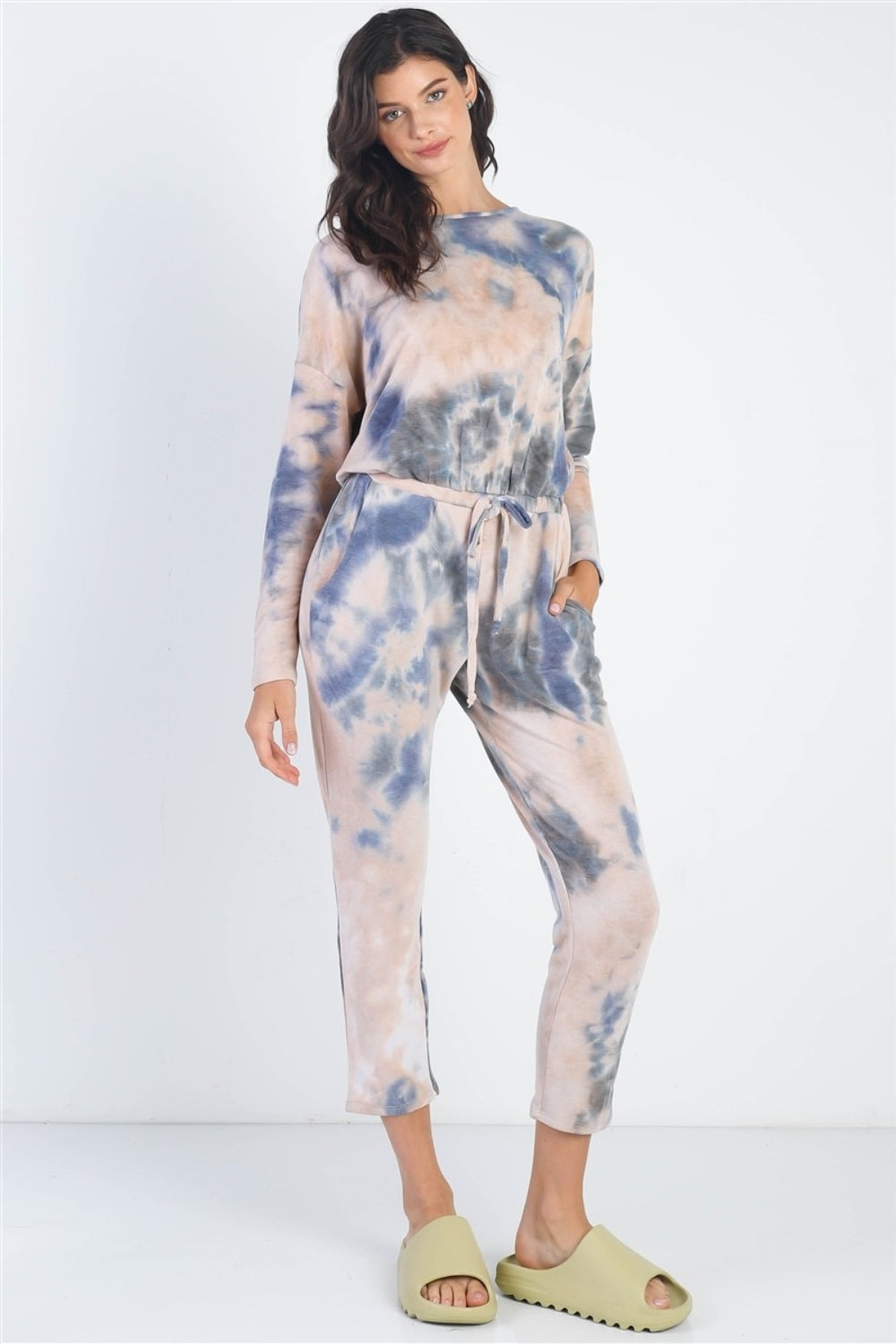 Cherish Apparel Tie-Dye Round Neck Long Sleeve Jumpsuit  Trendsi   