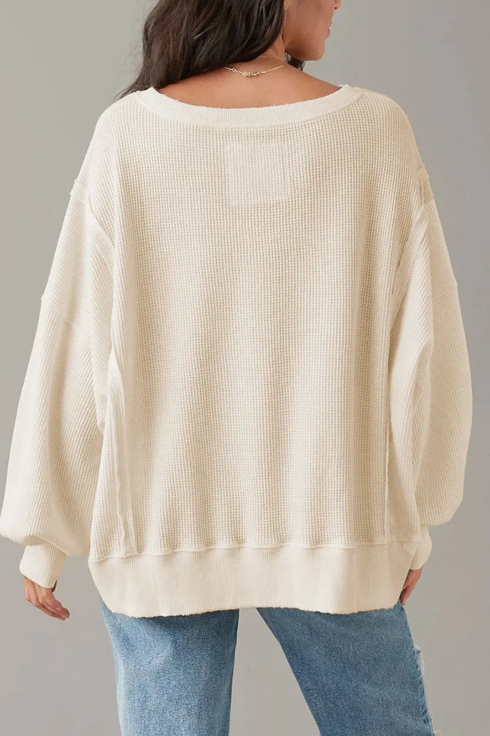 Slit Waffle-Knit Round Neck Long Sleeve Top Blouse Trendsi   