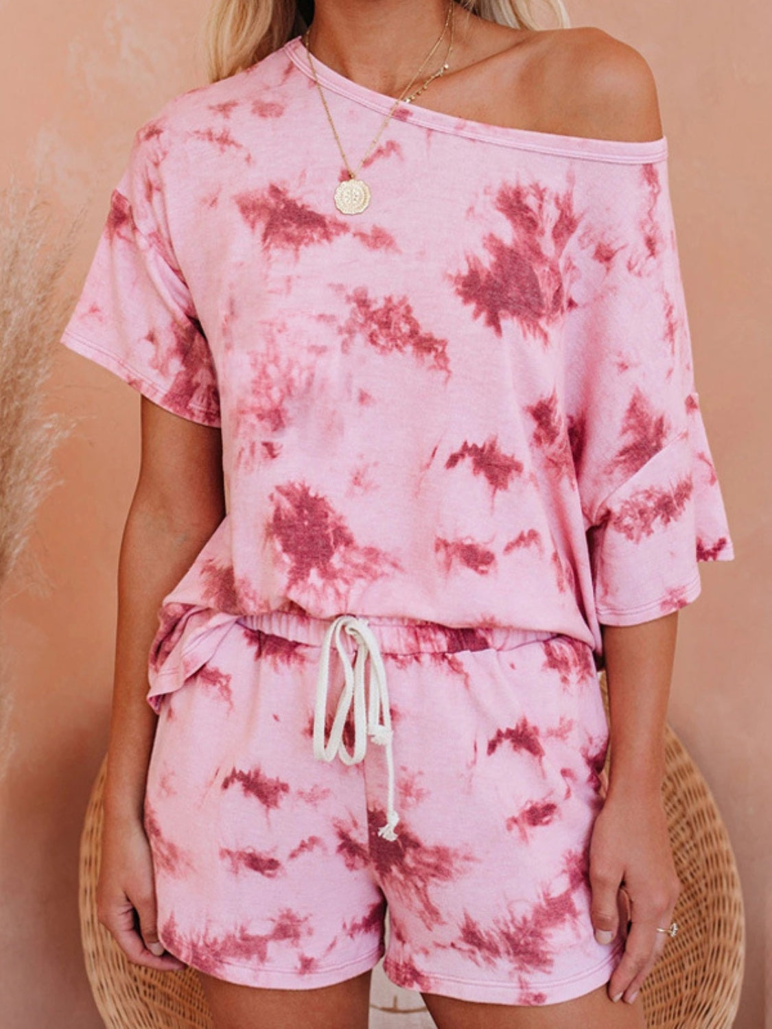 Tie-Dye Half Sleeve Top and Shorts Set  Trendsi Dusty Pink S 