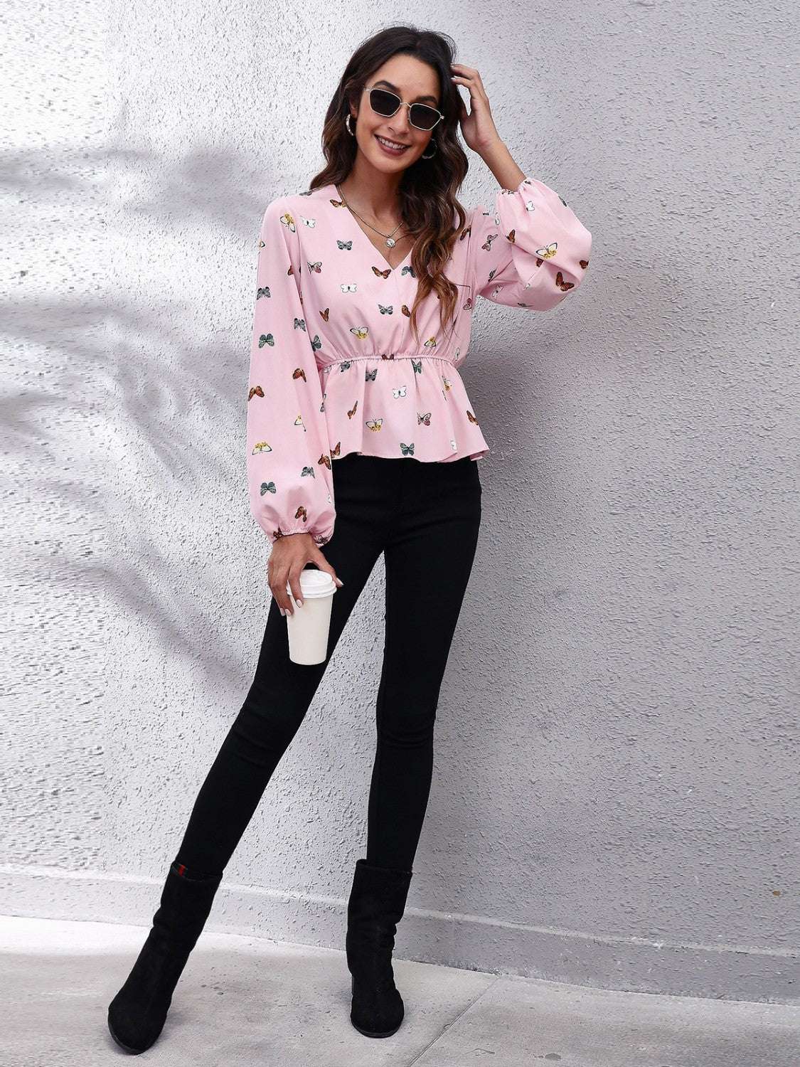 Butterfly V-Neck Balloon Sleeve Peplum Blouse Blouse Trendsi   