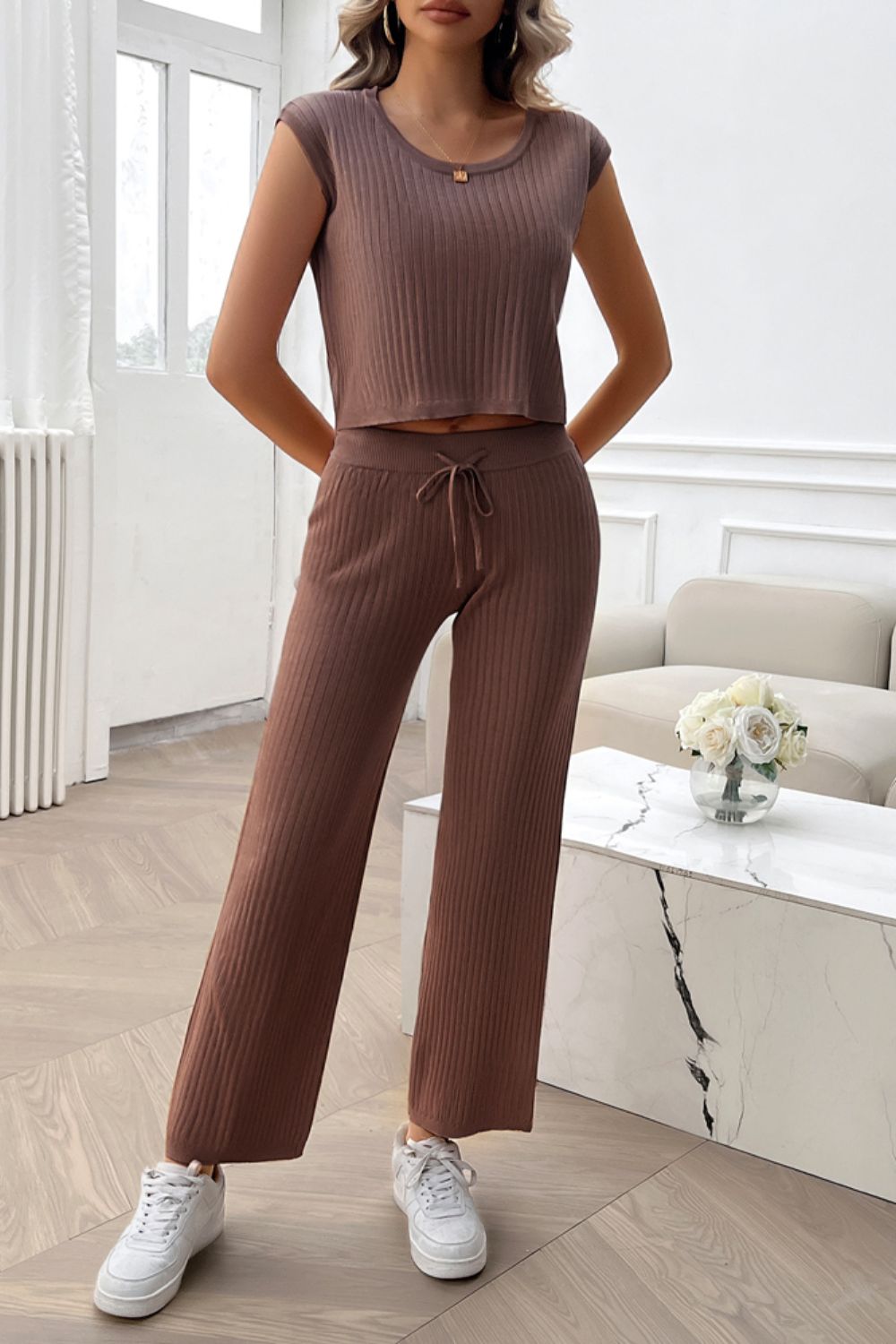 Devine Ribbed Round Neck Top and Pants Set  Trendsi   